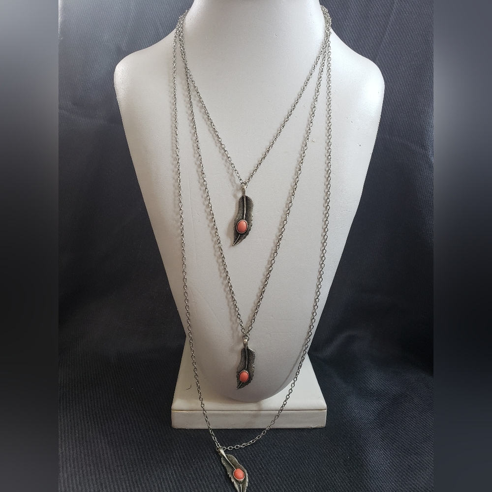 Paparazzi Silver Coral Feather Necklace + Earrings